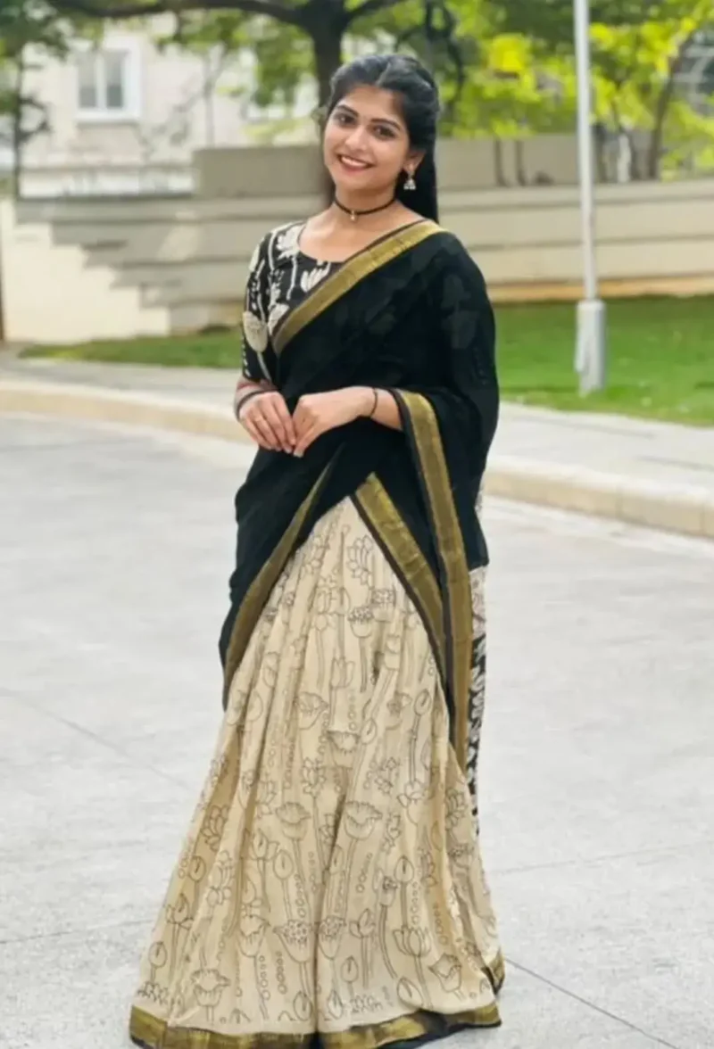 Digital Printed Soft Muslin Silk Kalamkari Lehenga With Jacqard Lace Work
