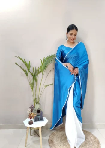 Dual Color Japan Satin 1 Minute Saree With Moti Work Lace Border