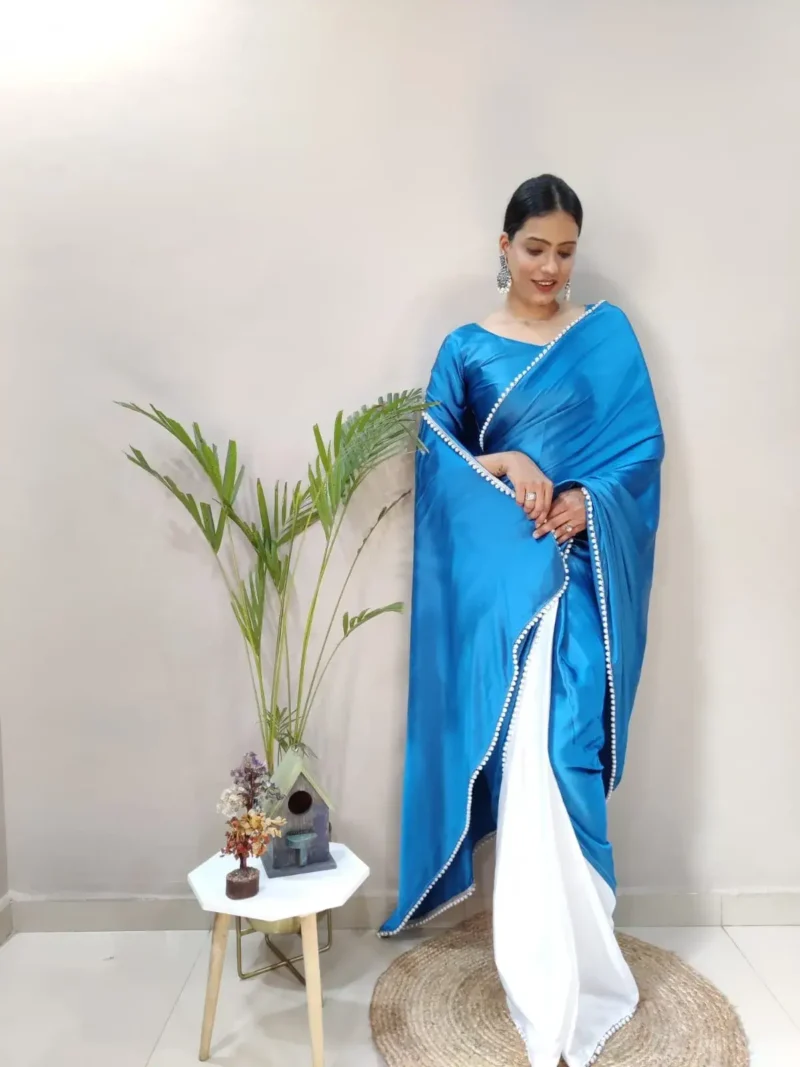 Dual Color Japan Satin 1 Minute Saree With Moti Work Lace Border