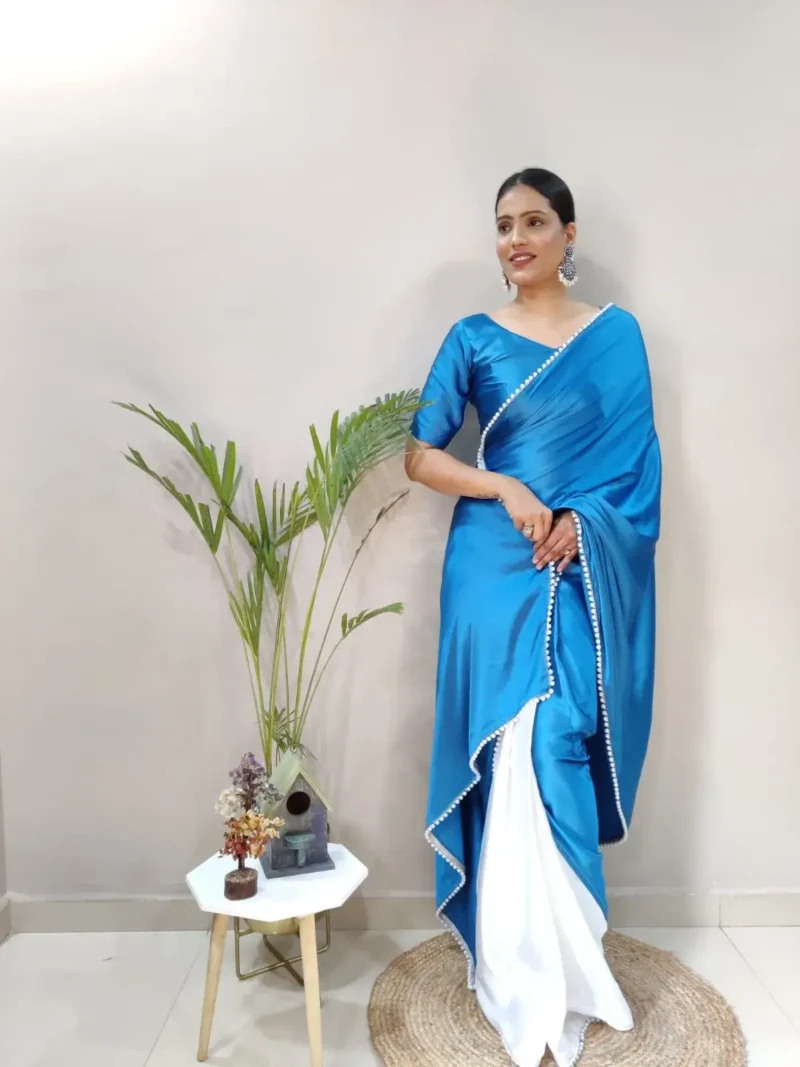 Dual Color Japan Satin 1 Minute Saree With Moti Work Lace Border