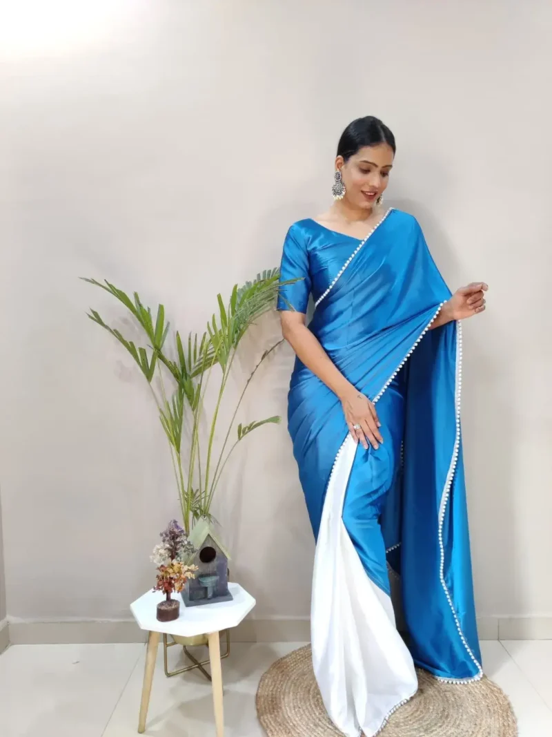 Dual Color Japan Satin 1 Minute Saree With Moti Work Lace Border