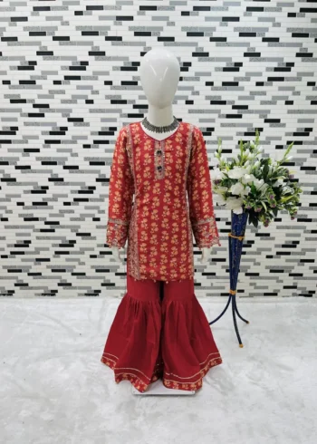 Sequins Embroidered Digital Print Sharara Suit for Kids Girl