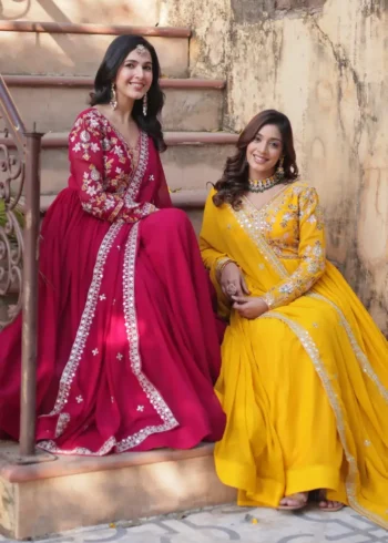 Faux Blooming With Embroidery Zari Sequins Work Gown for Haldi Mehendi Ceremony