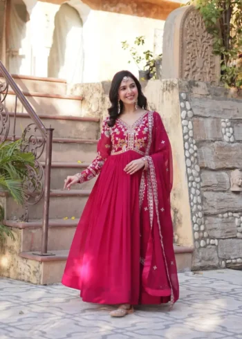 Faux Blooming With Embroidery Zari Sequins Work Gown for Haldi Mehendi Ceremony