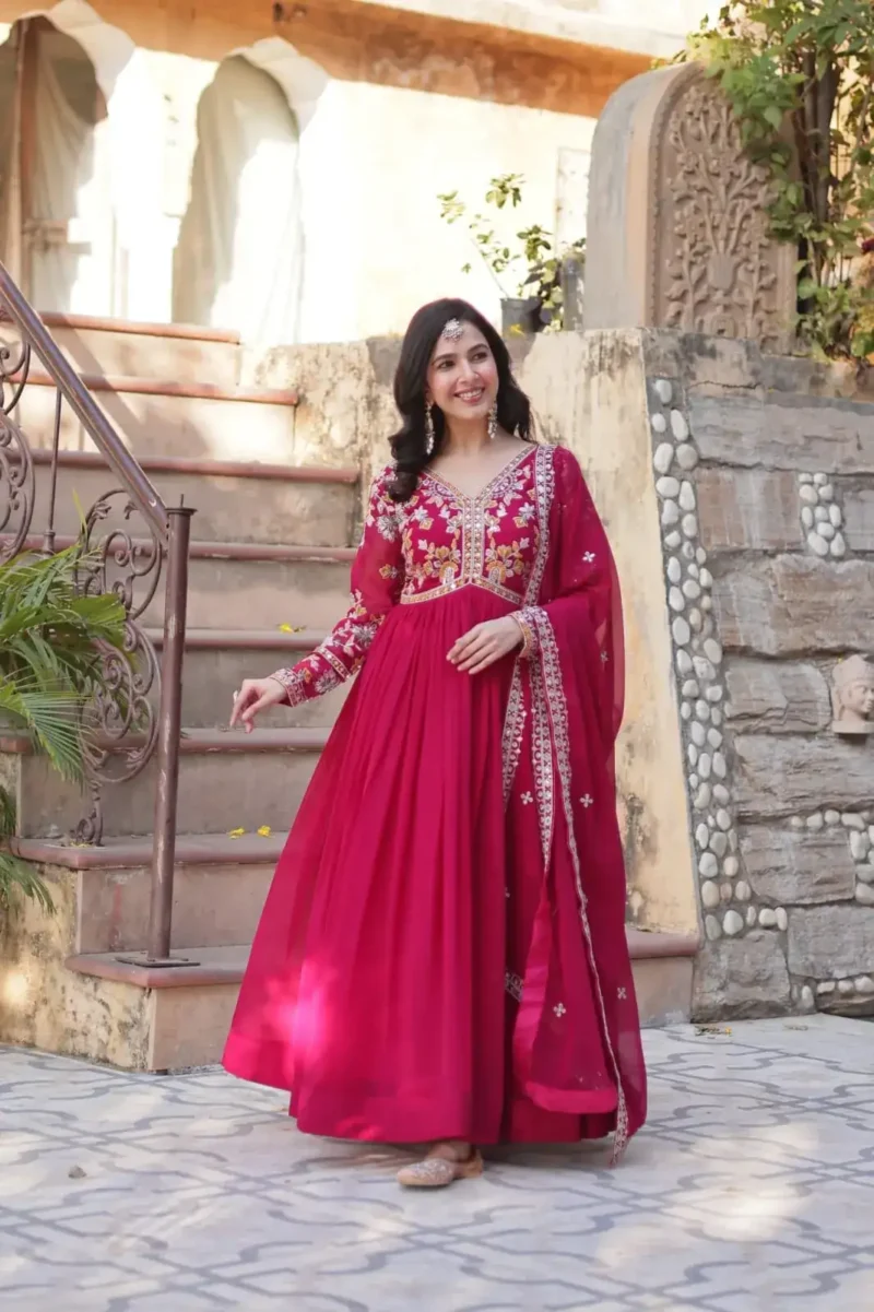 Faux Blooming With Embroidery Zari Sequins Work Gown for Haldi Mehendi Ceremony