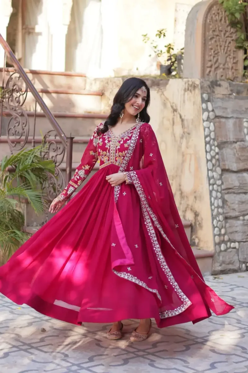 Faux Blooming With Embroidery Zari Sequins Work Gown for Haldi Mehendi Ceremony