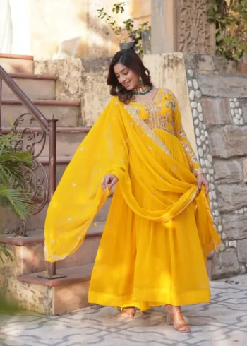 Faux Blooming With Embroidery Zari Sequins Work Gown for Haldi Mehendi Ceremony