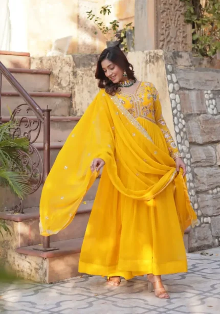 Faux Blooming With Embroidery Zari Sequins Work Gown for Haldi Mehendi Ceremony