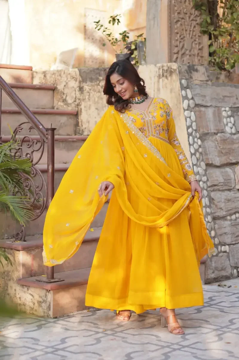 Faux Blooming With Embroidery Zari Sequins Work Gown for Haldi Mehendi Ceremony