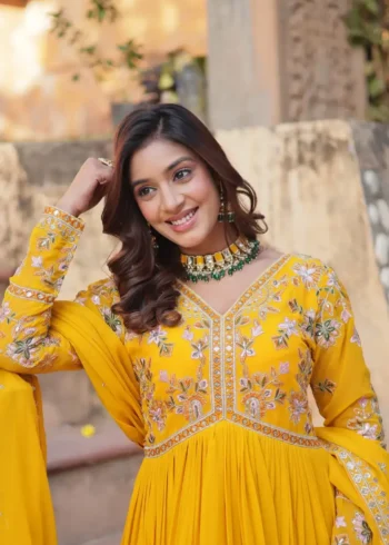 Faux Blooming With Embroidery Zari Sequins Work Gown for Haldi Mehendi Ceremony