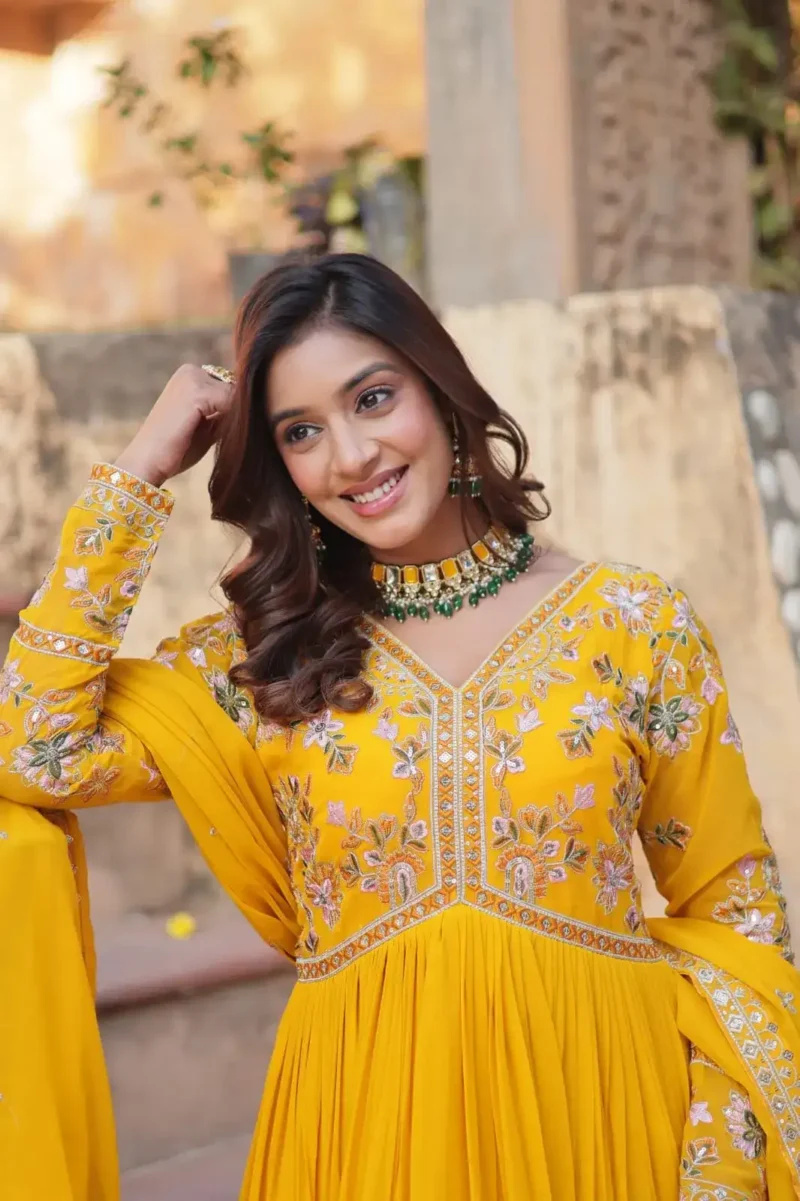 Faux Blooming With Embroidery Zari Sequins Work Gown for Haldi Mehendi Ceremony