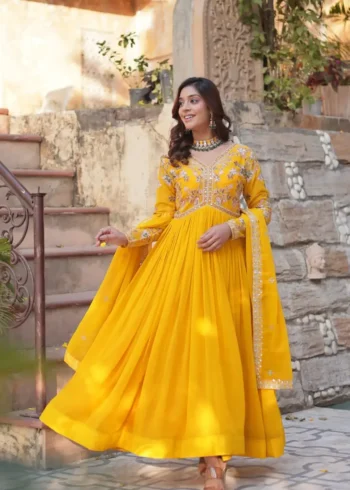 Faux Blooming With Embroidery Zari Sequins Work Gown for Haldi Mehendi Ceremony