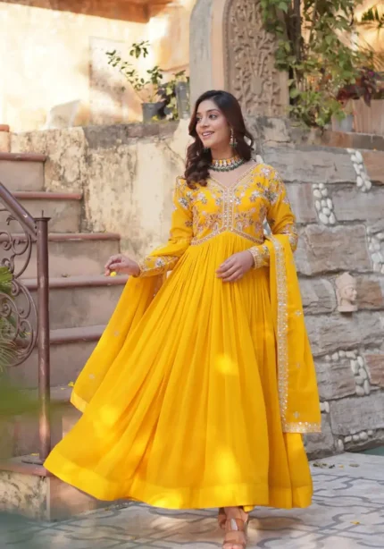 Faux Blooming With Embroidery Zari Sequins Work Gown for Haldi Mehendi Ceremony