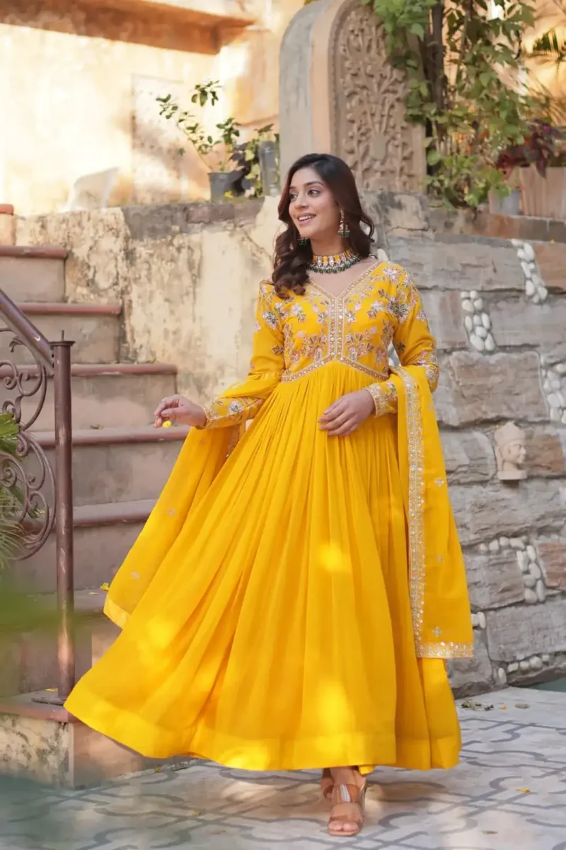 Faux Blooming With Embroidery Zari Sequins Work Gown for Haldi Mehendi Ceremony
