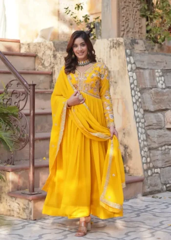 Faux Blooming With Embroidery Zari Sequins Work Gown for Haldi Mehendi Ceremony