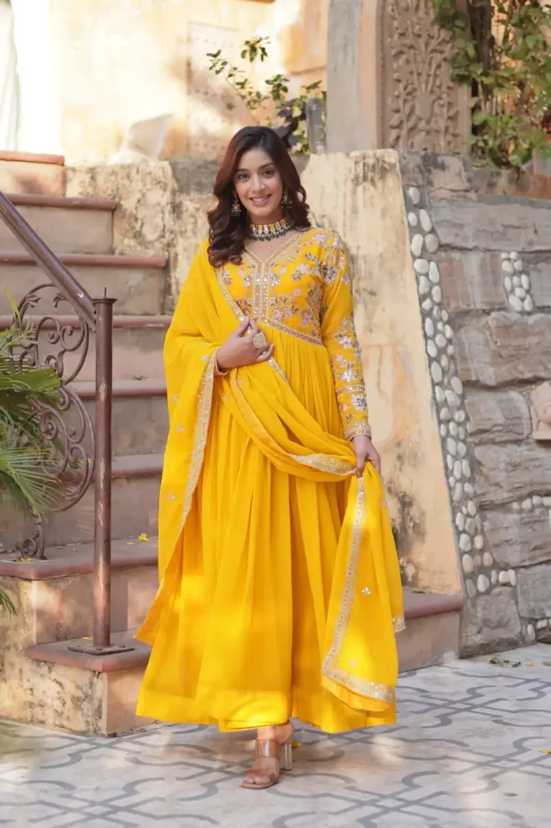 Faux Blooming With Embroidery Zari Sequins Work Gown for Haldi Mehendi Ceremony