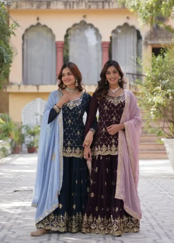 Faux Blooming Sequins Embroidered Designer Readymade Kurti Palazzo Set