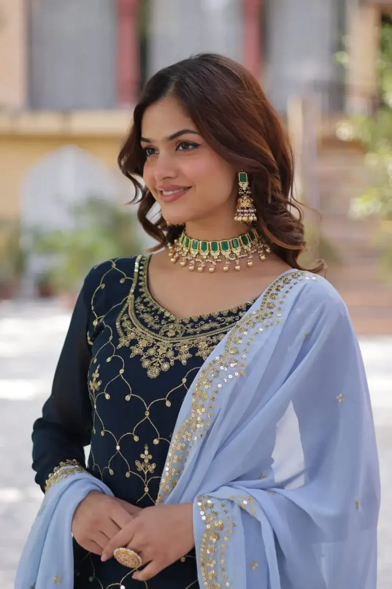 Faux Blooming Sequins Embroidered Designer Readymade Kurti Palazzo Set
