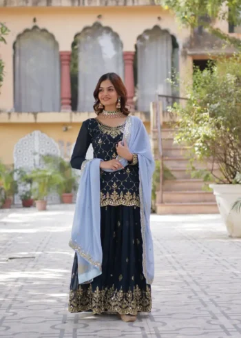 Faux Blooming Sequins Embroidered Designer Readymade Kurti Palazzo Set