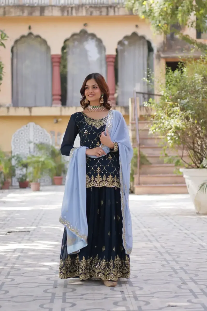 Faux Blooming Sequins Embroidered Designer Readymade Kurti Palazzo Set