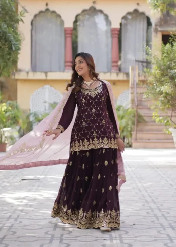 Faux Blooming Sequins Embroidered Designer Readymade Kurti Palazzo Set