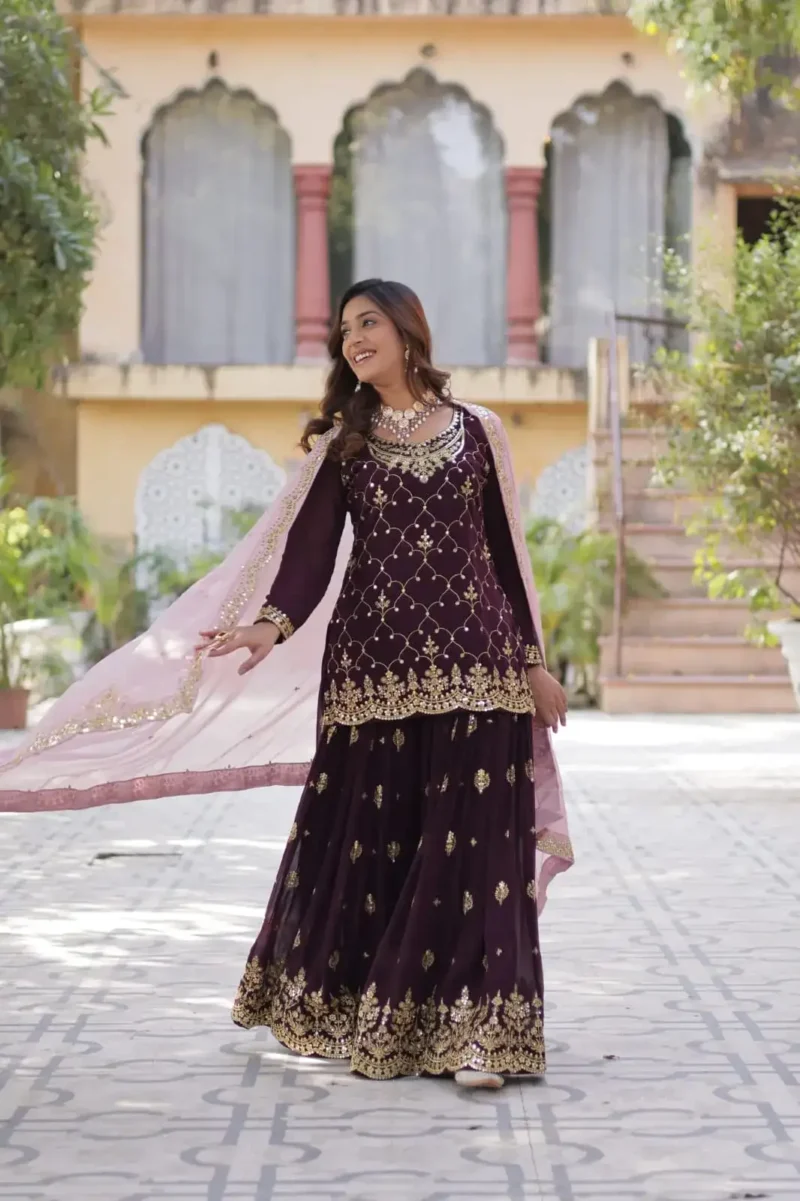 Faux Blooming Sequins Embroidered Designer Readymade Kurti Palazzo Set