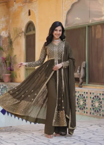 Faux Georgette Embroidery Work Readymade Kurti With Pant and Dupatta