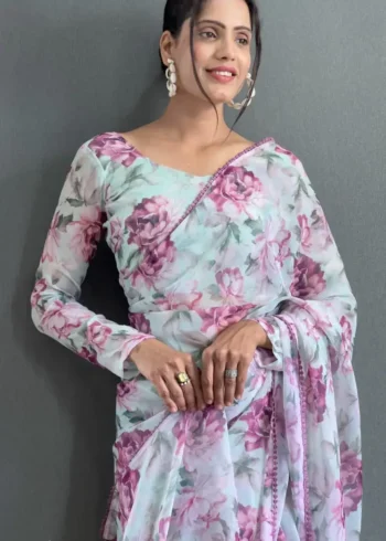 Faux Georgette Floral Digital Print Breathable Stitched Saree