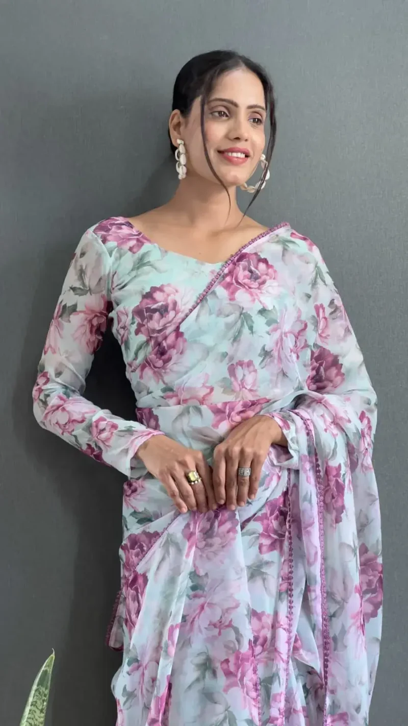 Faux Georgette Floral Digital Print Breathable Stitched Saree