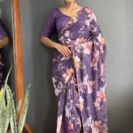 Floral Digital Printed Stitched Purple Saree With Moti Lace Border