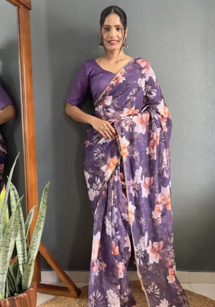 Floral Digital Printed Stitched Purple Saree With Moti Lace Border