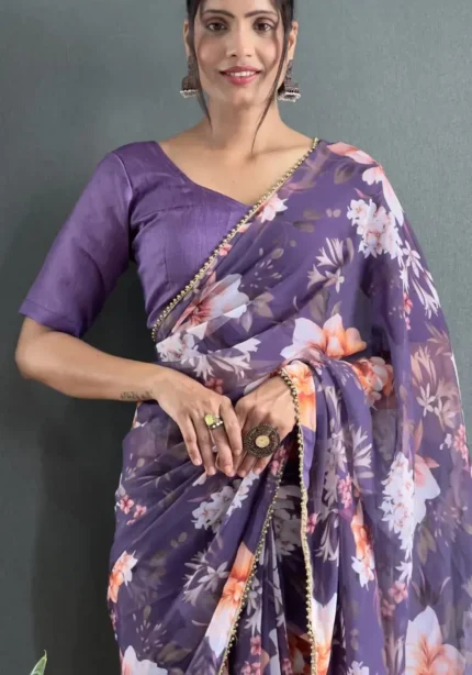 Floral Digital Printed Stitched Purple Saree With Moti Lace Border