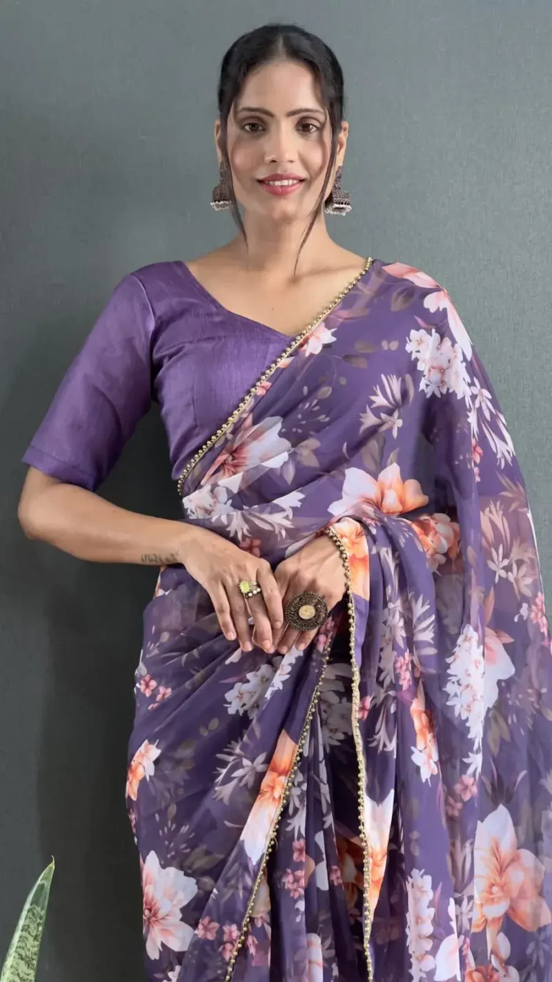 Floral Digital Printed Stitched Purple Saree With Moti Lace Border