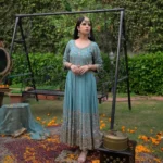 Fountain Blue Thread and Sequence Embroidery Work Designer Gown
