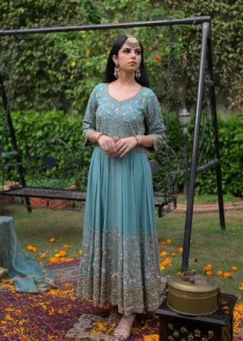 Fountain Blue Thread and Sequence Embroidery Work Designer Gown