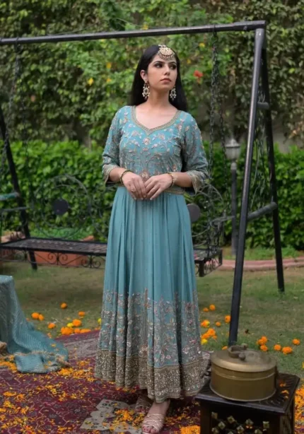 Fountain Blue Thread and Sequence Embroidery Work Designer Gown