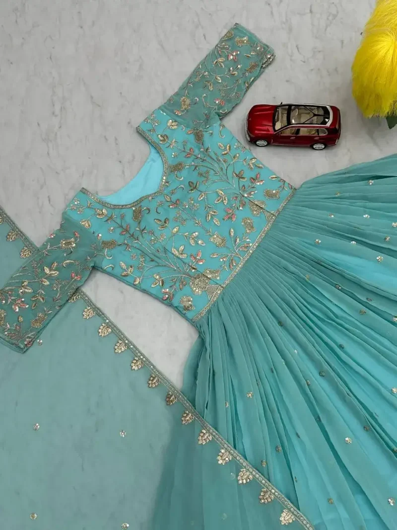 Fountain Blue Thread and Sequence Embroidery Designer Gown