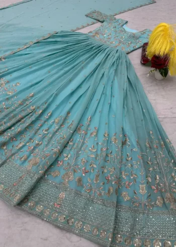 Fountain Blue Thread and Sequence Embroidery Designer Gown