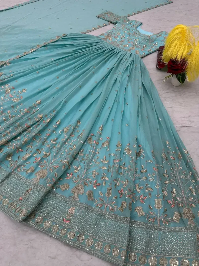 Fountain Blue Thread and Sequence Embroidery Designer Gown