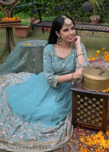 Fountain Blue Thread and Sequence Embroidery Designer Gown