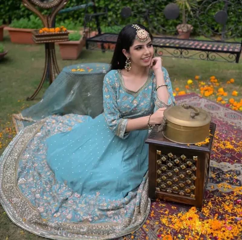 Fountain Blue Thread and Sequence Embroidery Designer Gown