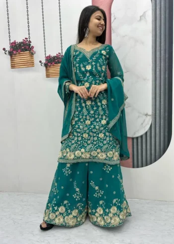 Fox Georgette Heavy Embroidery Sequence Work Party Wear Palazzo Suit