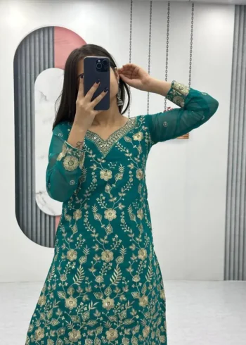 Fox Georgette Heavy Embroidery Sequence Work Party Wear Palazzo Suit