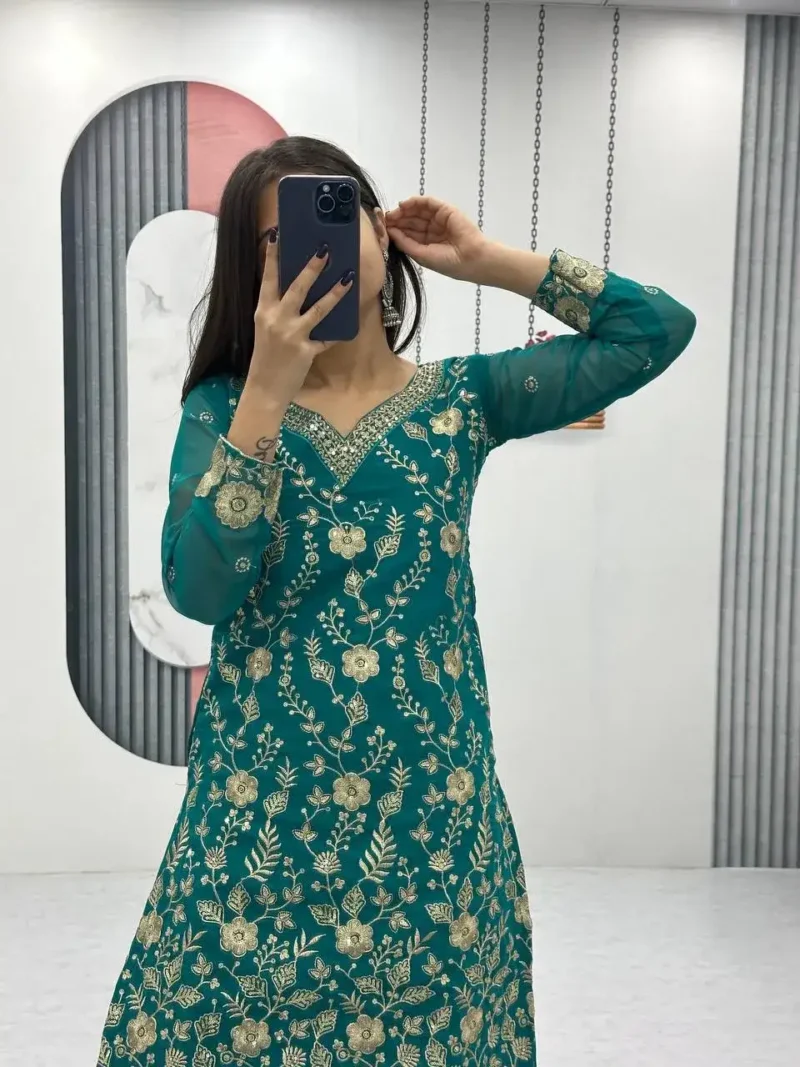Fox Georgette Heavy Embroidery Sequence Work Party Wear Palazzo Suit