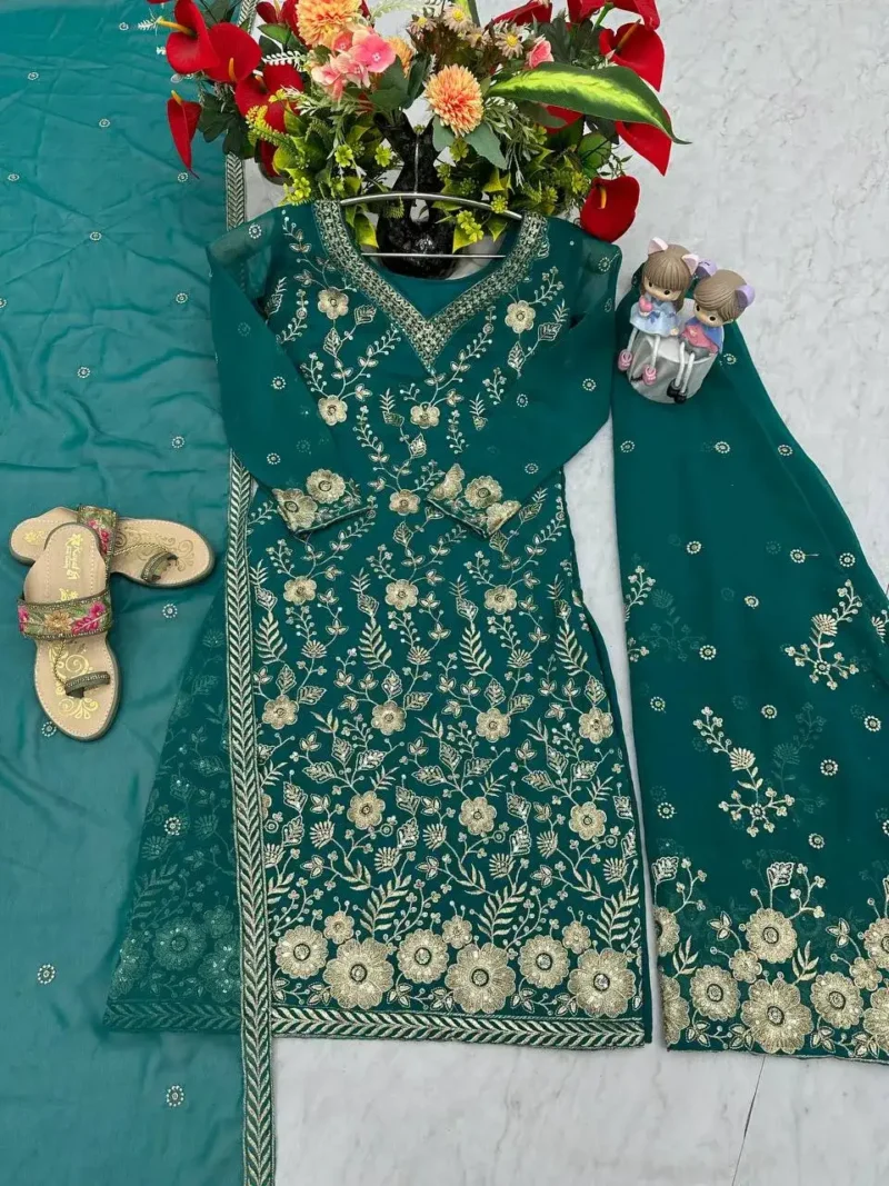 Fox Georgette Heavy Embroidery Sequence Work Party Wear Palazzo Suit