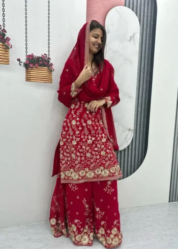 Fox Georgette Heavy Embroidery Sequence Work Party Wear Palazzo Suit