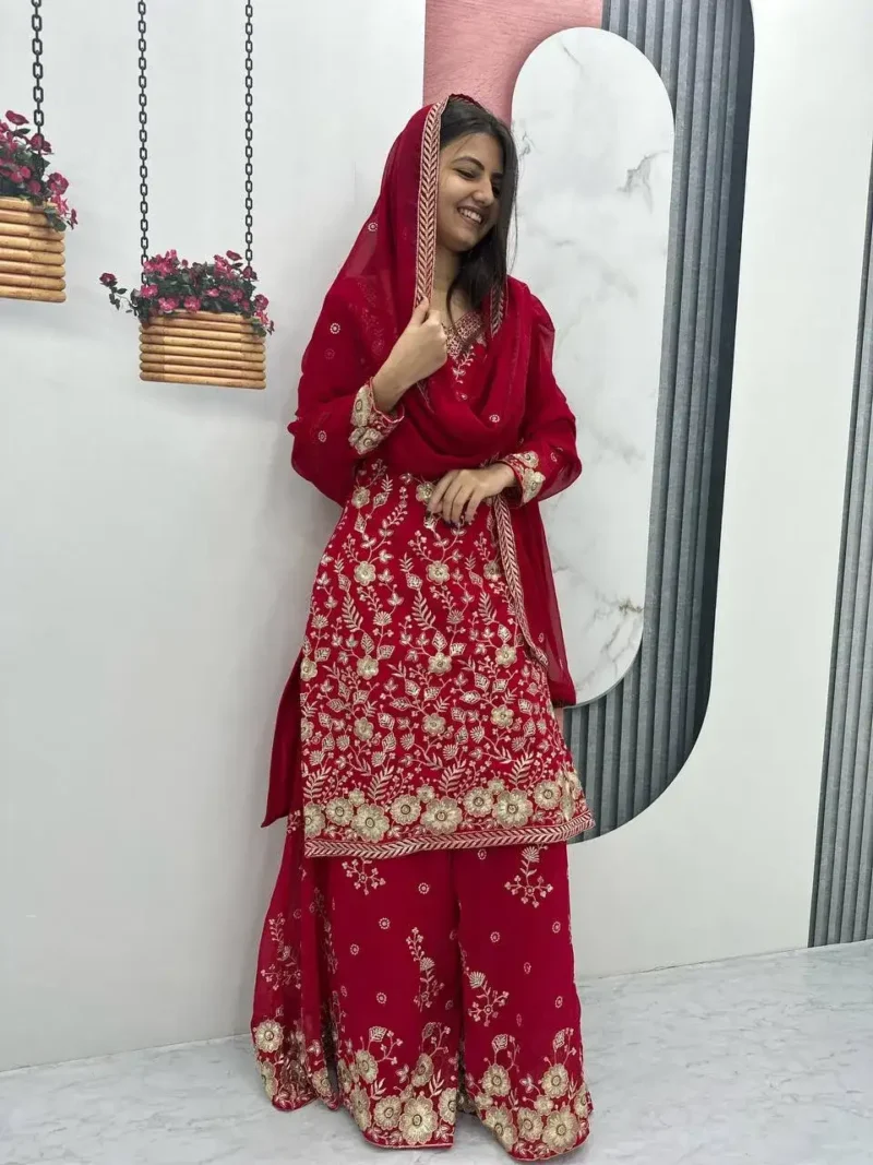 Fox Georgette Heavy Embroidery Sequence Work Party Wear Palazzo Suit