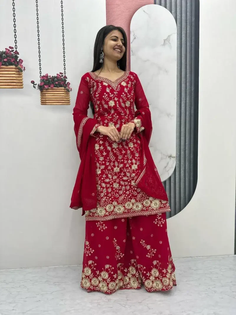 Fox Georgette Heavy Embroidery Sequence Work Party Wear Palazzo Suit