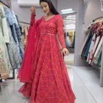 Georgette Heavy Digital Printed Designer Rani Color Bandhani Gown