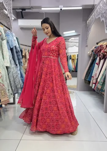 Georgette Heavy Digital Printed Designer Rani Color Bandhani Gown